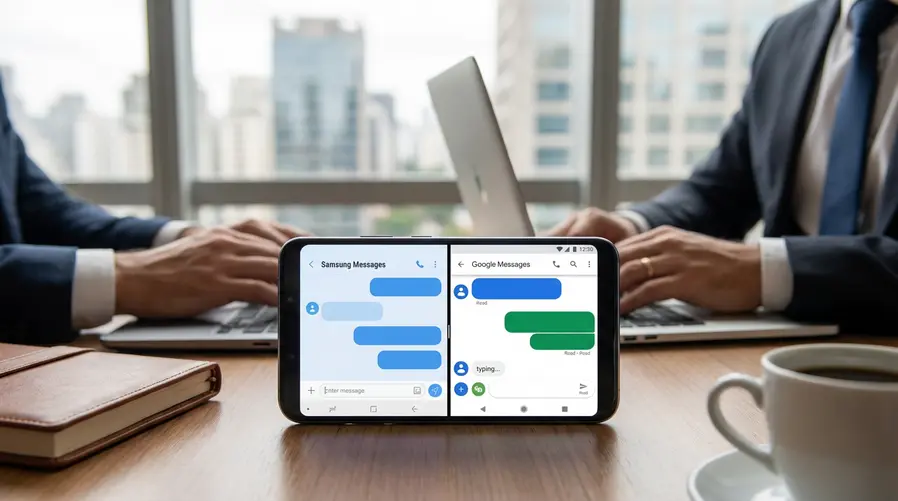 Uma captura de tela comparando a interface do Samsung Messages com a do Google Messages, mostrando elementos visuais de conversas e os indicadores de leitura/digitação que ajudam a ilustrar a diferença de recursos entre os dois apps.