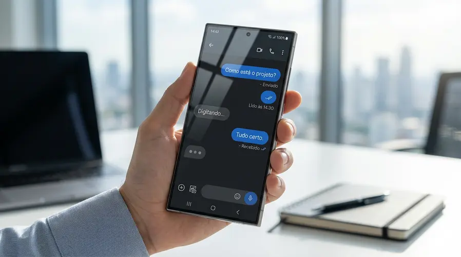 Uma captura de tela comparativa mostrando a interface de conversa no Google Messages em um celular Samsung, com destaque visual para os ícones de confirmação de leitura, indicador de digitação e bolhas de conversa, para ilustrar a seção sobre o que muda no uso prático.