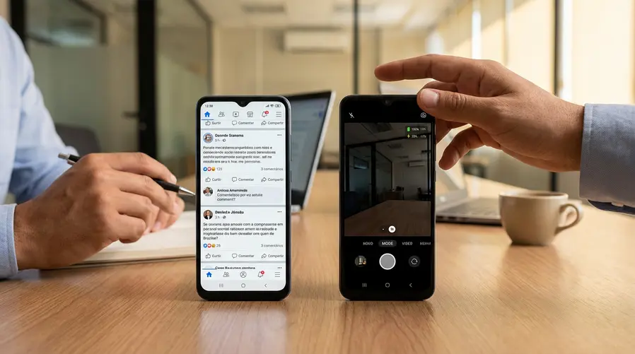 Uma comparação visual lado a lado entre dois smartphones de faixa intermediária sobre uma mesa, com foco nas diferenças práticas: um mostrando a tela ligada com feed de redes sociais, outro exibindo a câmera aberta em modo noturno e ícones de bateria e desempenho na tela. A imagem deve reforçar a ideia de comparação real de uso, não apenas o design dos aparelhos.