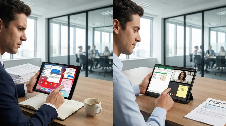 Uma comparação visual lado a lado entre um iPad com várias janelas abertas e um Galaxy Tab com apps em tela dividida e janela flutuante, mostrando claramente a diferença na organização da multitarefa durante o uso real.
