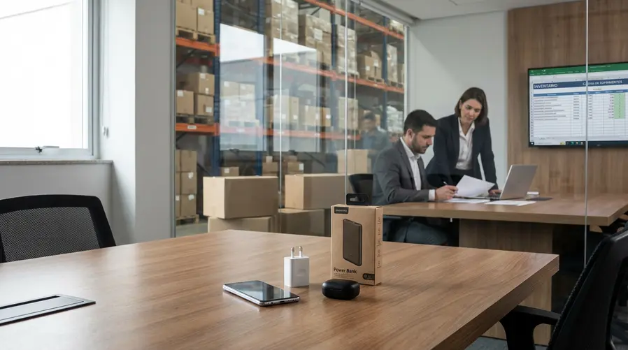 Uma imagem mostrando um celular sobre uma mesa ao lado de um carregador, fones sem fio e a caixa de uma bateria portátil, com destaque visual para a ideia de cadeia de produção e abastecimento — algo que ilustre que a compra da mina pode influenciar a disponibilidade desses itens no futuro, sem prometer queda imediata de preço.