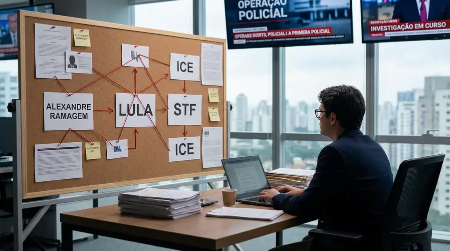 Uma composição com o mapa mental dos envolvidos no caso, mostrando em destaque Alexandre Ramagem, Lula, STF e ICE em blocos conectados por setas, com um recorte visual de manchetes curtas ao fundo para reforçar o contexto político-jurídico da seção.