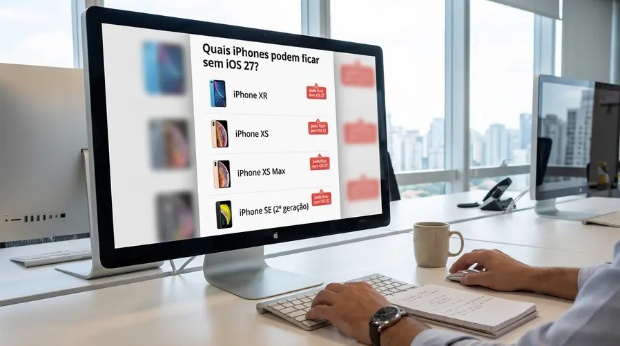 Uma tela com a lista dos modelos de iPhone citados como possíveis cortes de suporte, destacando visualmente cada aparelho com ícones simples e um selo discreto de 'pode ficar sem iOS 27', para deixar claro quais celulares estão em risco.