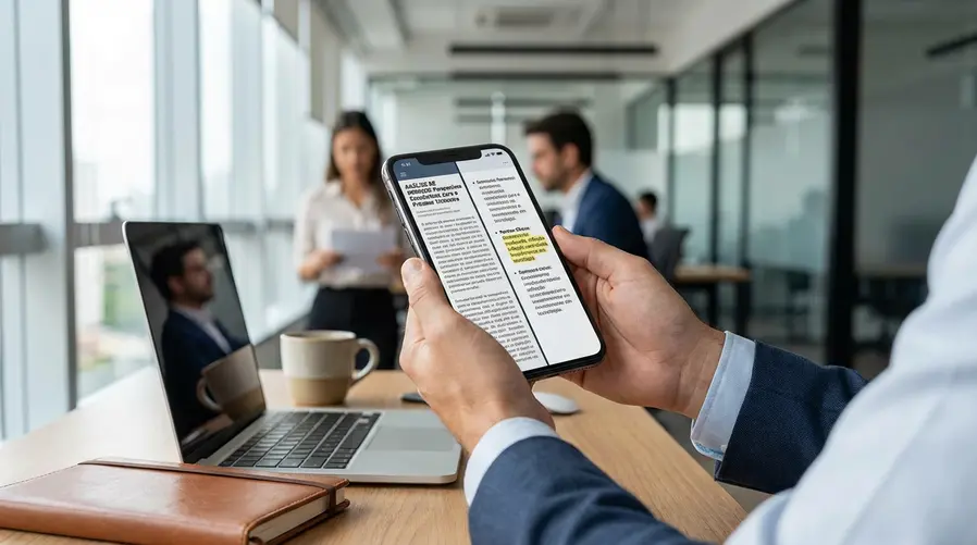 Uma pessoa lendo notícias em um smartphone, com a tela dividida mostrando um resumo automático gerado por IA ao lado da reportagem original, destacando a diferença entre leitura rápida e checagem completa.