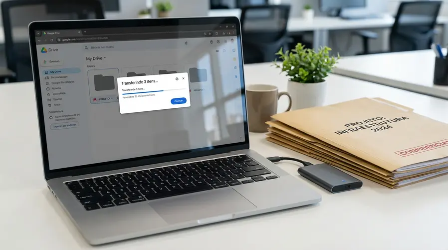 Uma imagem mostrando um notebook aberto com o Google Drive em uso, ao lado de um SSD portátil conectado por cabo e uma pasta de arquivos grandes transferindo no sistema, para ilustrar o momento em que a nuvem começa a ficar menos prática do que o armazenamento local.