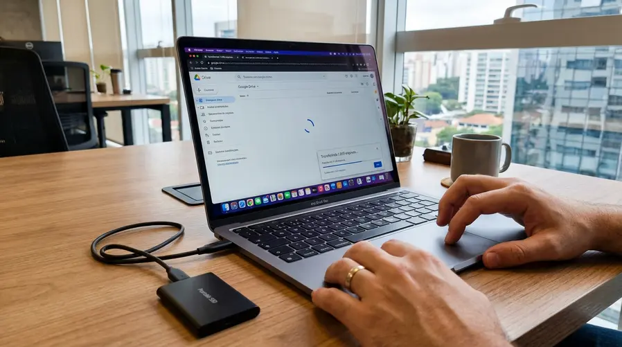 Uma mesa de trabalho com um notebook aberto em um arquivo grande no Google Drive, um SSD portátil conectado ao lado e, em destaque, um ícone visual de travamento/latência no acesso a uma pasta pesada, para ilustrar o momento em que a solução local seria melhor do que a nuvem.