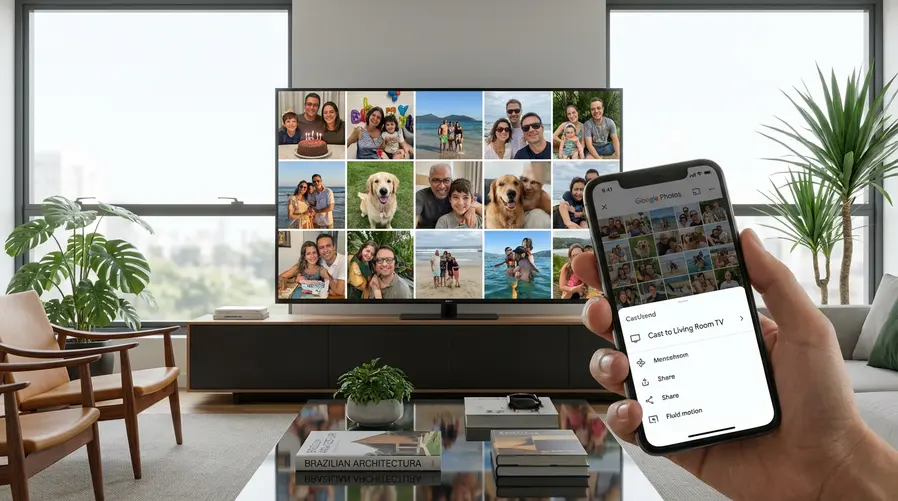 Uma sala de estar com uma TV ligada mostrando uma grade de fotos da família, enquanto ao lado aparece um celular com o Google Photos aberto tentando enviar imagens por cast. A imagem deve evidenciar a diferença entre ‘espelhar’ fotos e ter uma navegação nativa mais fluida na TV.
