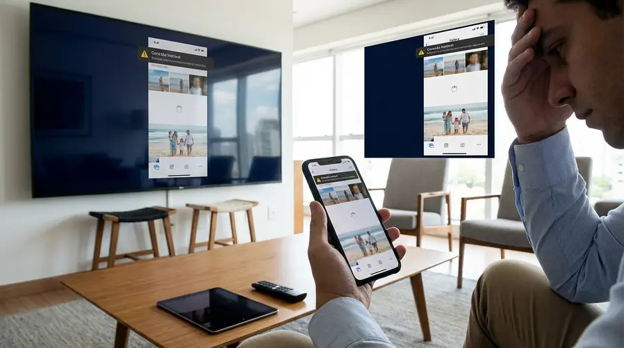 Uma sala de estar com uma TV exibindo um álbum de fotos da família em formato pouco prático, com a interface parecendo apenas um espelhamento do celular e um aviso visual de conexão instável ou atraso na transmissão, para reforçar a ideia de que falta um app nativo de Google Fotos para Google TV.