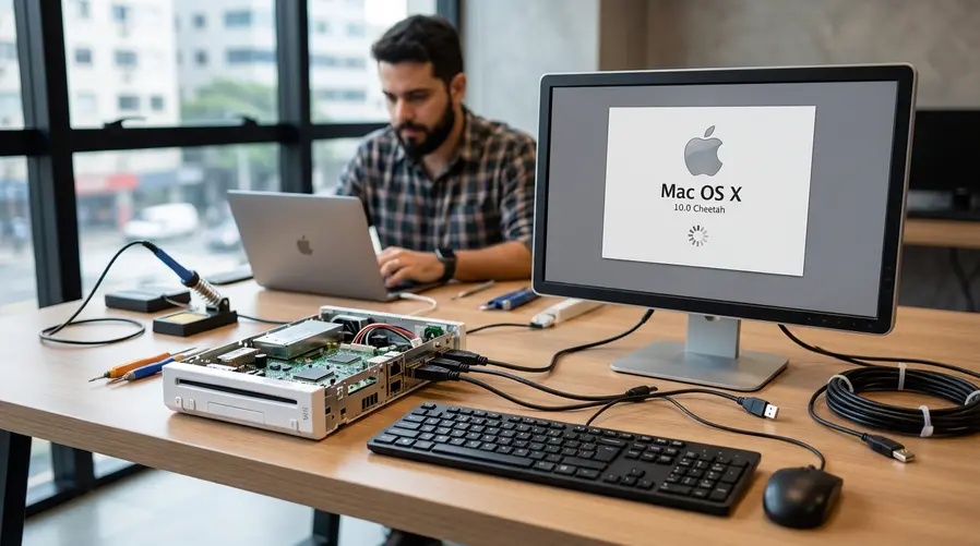 Uma imagem mostrando um Nintendo Wii aberto ou conectado a periféricos, com uma tela exibindo o antigo Mac OS X 10.0 carregando no console e, ao lado, um teclado e um mouse USB plugados, para ilustrar o esforço técnico da adaptação.