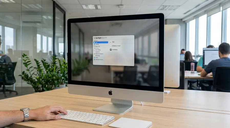 Uma captura de tela do Mac mostrando a barra do Spotlight aberta no centro da tela, com um app, um arquivo recente e um comando rápido aparecendo em uma busca limpa e organizada, para ilustrar a ideia de encontrar tudo sem sair da mesma interface.