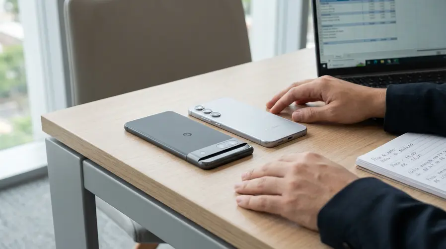 Uma foto comparativa do Pixel 10a ao lado de um Galaxy S25 FE sobre uma mesa, com os dois smartphones em ângulo levemente diferente para destacar tamanho, acabamento e a sensação de ‘celular intermediário premium’ que a seção quer discutir.