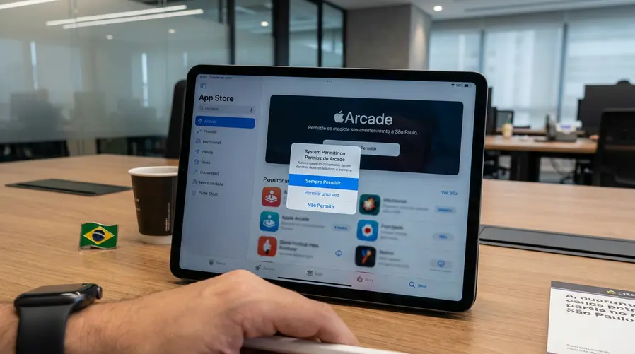 Uma tela de iPad com o Apple Arcade aberto e, sobreposta, uma janela de permissão simples destacando um botão de 'sempre permitir' para um jogo específico, enquanto o restante da App Store permanece bloqueado ou fora de alcance.