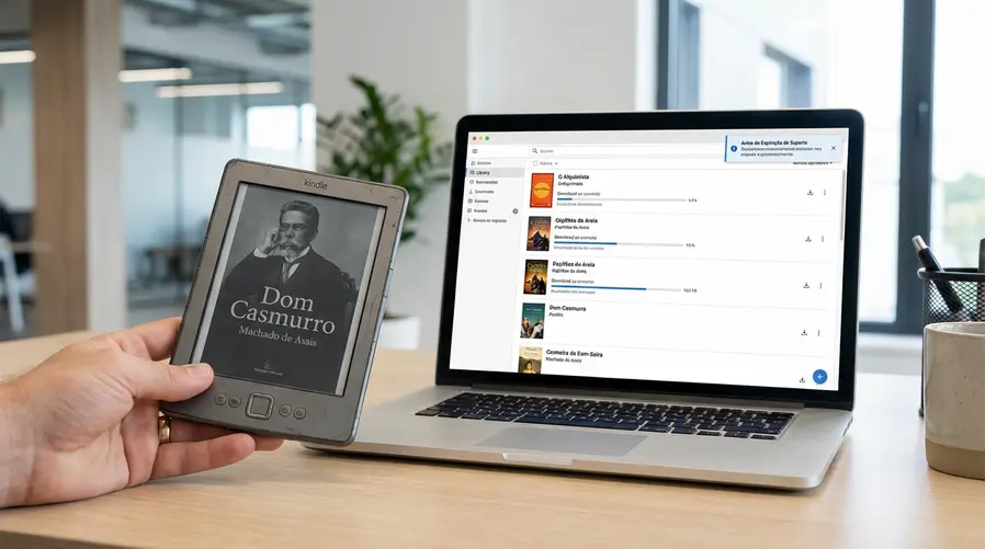 Um Kindle antigo em uso ao lado de uma tela com a biblioteca de livros aberta, destacando que o aparelho ainda consegue baixar e exibir títulos normalmente; ao fundo, um alerta de suporte expirando aparece de forma discreta na interface, para ilustrar o contraste entre funcionamento e abandono oficial.