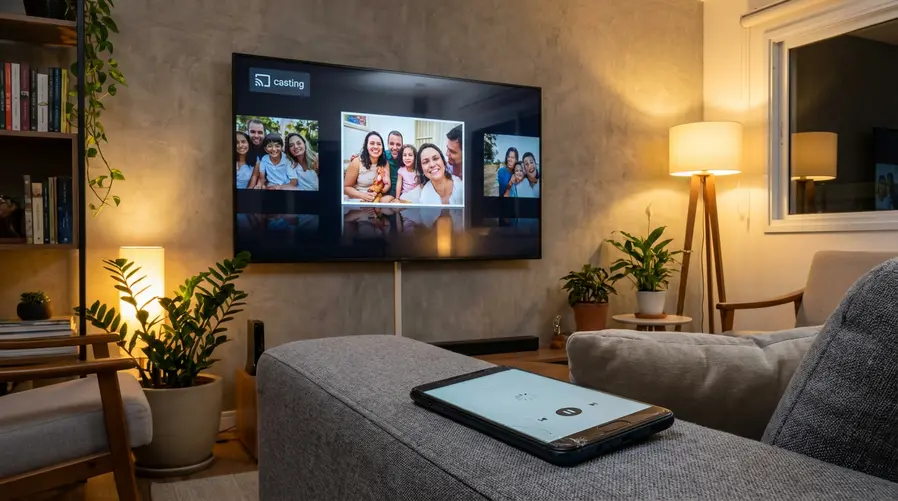 Uma sala de estar com uma TV exibindo uma sequência de fotos de família tiradas do celular, mas com cara de experiência improvisada: ícone de casting na tela, celular ao lado controlando a reprodução e um detalhe visual sugerindo lentidão ou navegação limitada, para reforçar a falta de um app completo na TV.