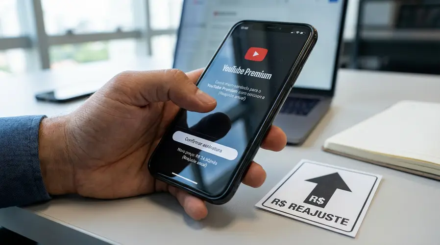 Uma imagem comparando uma tela de assinatura do YouTube Premium no celular com um símbolo de aumento de preço ao lado, destacando visualmente a ideia de reajuste e a decisão do usuário antes de confirmar a assinatura.