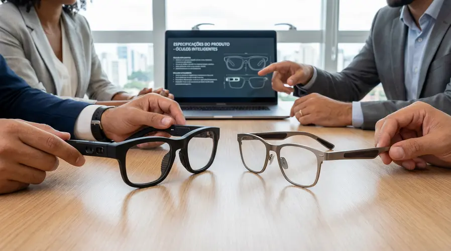 Uma comparação visual de dois estilos de smart glasses lado a lado: de um lado, uma armação mais esportiva e marcante; do outro, uma armação mais discreta e elegante. A imagem deve destacar a diferença de acabamento, espessura da armação e presença de materiais premium, para ilustrar a busca da Apple por um visual mais usável no dia a dia.