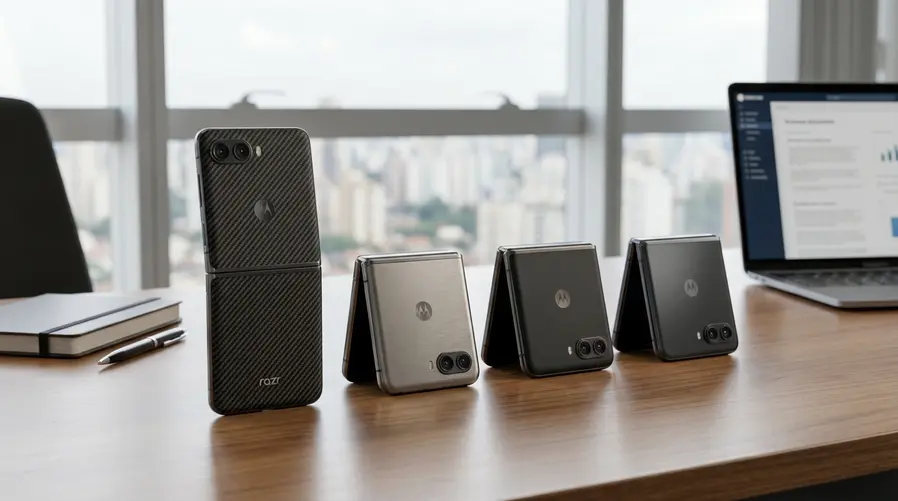 Uma montagem mostrando os quatro modelos do Motorola Razr 2026 lado a lado, abertos ou semi-fechados, com foco nas traseiras coloridas e nas diferenças visíveis de textura em cada acabamento.