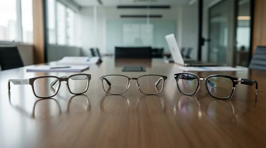 Um close comparando três armações de smart glasses sobre uma mesa: uma com acabamento metálico fosco, outra com visual mais discreto e outra com estilo mais chamativo, mostrando a diferença de materiais e design premium que a Apple estaria buscando para parecer um acessório de moda.