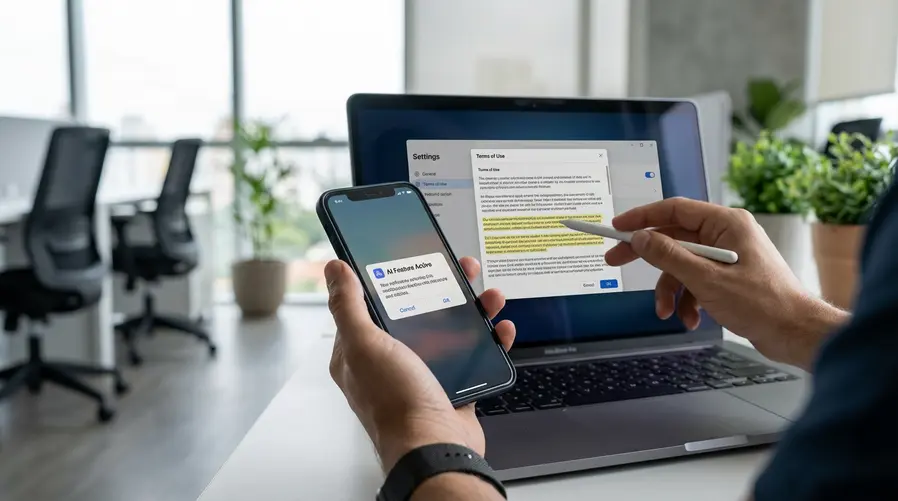Uma cena mostrando a tela de um smartphone com um recurso de IA ativado e, ao lado, uma mão apontando para uma janela de configurações ou termos de uso com trechos pequenos destacados, simbolizando a letra miúda e as promessas de segurança que o usuário costuma aceitar sem ler.