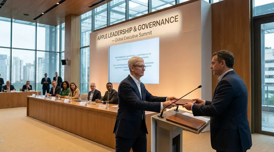 Uma foto de Tim Cook em um evento da Apple ao lado de uma imagem institucional do conselho ou da sede da empresa, com destaque visual para a ideia de transição de comando — como uma cena de reunião executiva ou Cook em um palco passando simbolicamente o bastão, sem mostrar produtos genéricos.