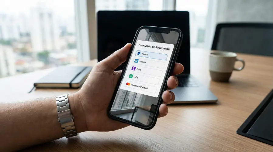 Uma tela de celular mostrando o formulário de escolha de pagamento do acordo, com opções visíveis em formato de botão ou lista: PayPal, Venmo, Zelle, ACH e Mastercard virtual, para ilustrar a etapa prática de recebimento.
