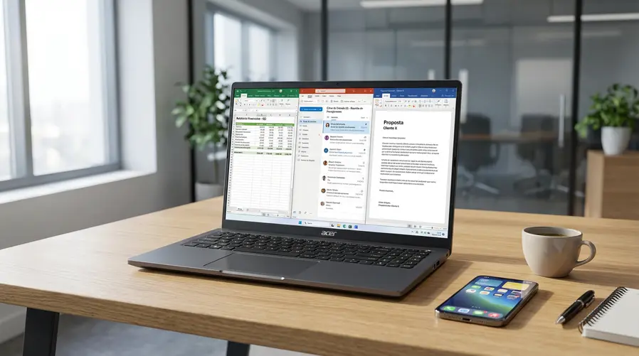 Foto do notebook aberto sobre uma mesa, com a tela mostrando uma interface de trabalho ou estudo, ao lado de um celular com ícones de aplicativos de produtividade, para reforçar a ideia de multitarefa e uso diário da seção.