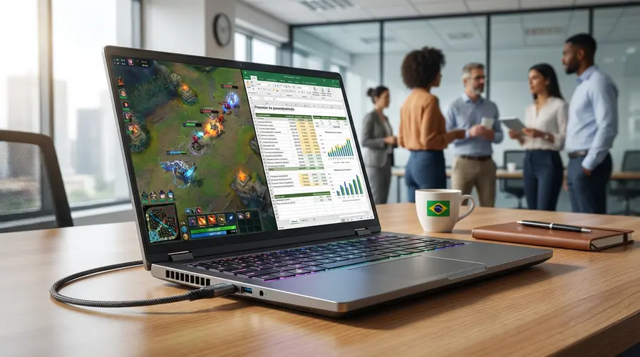 Uma imagem mostrando um notebook gamer aberto sobre uma mesa de trabalho, com a tela exibindo ao mesmo tempo um jogo aberto em uma janela e uma planilha ou documento ao lado, reforçando a ideia de uso híbrido entre lazer e produtividade. No enquadramento, destacar também detalhes físicos como teclado retroiluminado, porta de carregamento e espessura do aparelho, para ilustrar o checklist de compra.