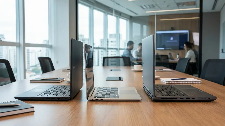 Uma comparação visual em mesa com três notebooks da linha lado a lado, destacando no Air a proposta de leveza e espessura fina, no modelo Neo a ideia de opção básica para uso diário e no Pro a presença de portas extras e aparência mais robusta. A imagem deve enfatizar as diferenças físicas que ajudam o leitor a entender por que o Air ficou no meio do caminho.