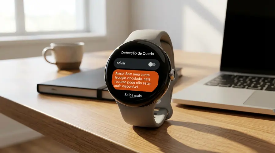 Tela de um Pixel Watch mostrando a página de configuração da Detecção de Queda com a opção de ativar o recurso e um aviso em destaque indicando que, sem conta Google vinculada, a função pode deixar de estar disponível.