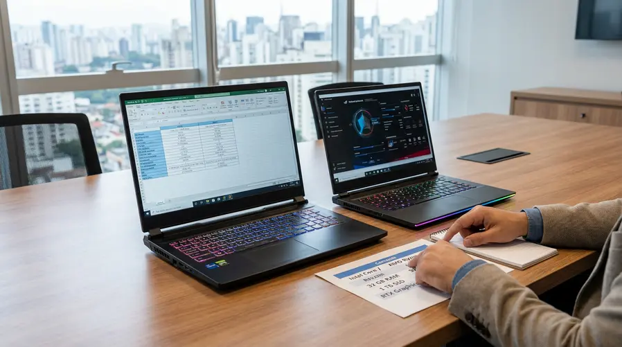 Uma foto de comparação mostrando, sobre uma mesa, dois notebooks gamer abertos com teclados RGB, ao lado de um bloco com especificações curtas visíveis na tela ou em cards: processador Intel/AMD, armazenamento grande e memória. A imagem deve sugerir comparação entre modelos, não apenas exibir um produto isolado.