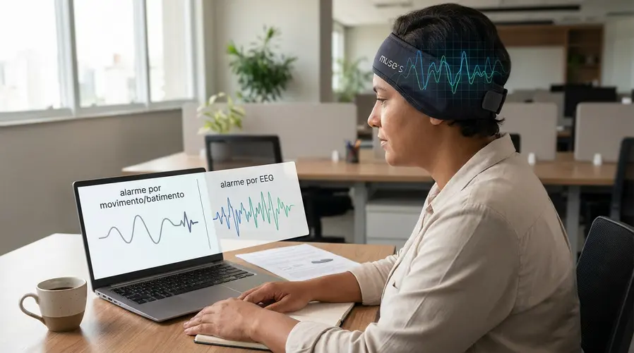 Uma foto do headband Muse S Athena em uso, com destaque visual para a faixa na cabeça e uma sobreposição discreta indicando sinais de atividade cerebral, acompanhada de um elemento de comparação visual simples entre 'alarme por movimento/batimento' e 'alarme por EEG' para reforçar a diferença da seção.