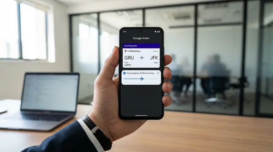 Uma captura da tela bloqueada de um celular Android mostrando o Google Wallet com um cartão de embarque ativo, uma notificação persistente no topo e uma barra de progresso do voo em andamento, de forma clara e legível.