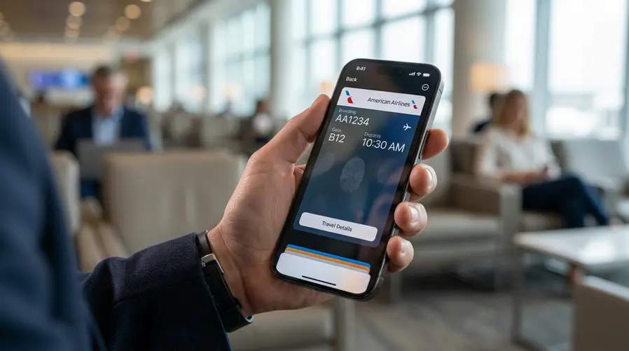 Uma captura de tela do iPhone mostrando um cartão de embarque no Apple Wallet com visual novo do iOS 26, destacando informações como portão, horário, número do voo e um botão/atalho para detalhes da viagem, para ilustrar a adesão da American Airlines ao recurso.