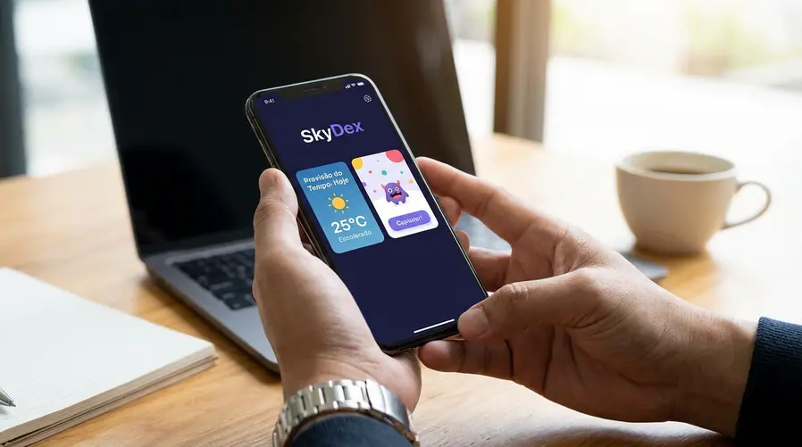 Uma tela de smartphone aberta no SkyDex mostrando a previsão do dia junto de uma interface de descoberta com um monstrinho/ícone capturável, destacando o contraste entre tempo e coleção; idealmente com clima do dia, botão de ação e visual lúdico de mapa ou card de recompensa.