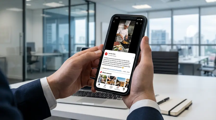 Uma captura de tela de um smartphone mostrando o feed de Shorts do YouTube com um vídeo curto aberto e, logo abaixo na rolagem, um post em formato de texto e um carrossel de fotos com miniaturas visíveis, deixando claro a mistura de formatos dentro da mesma experiência.