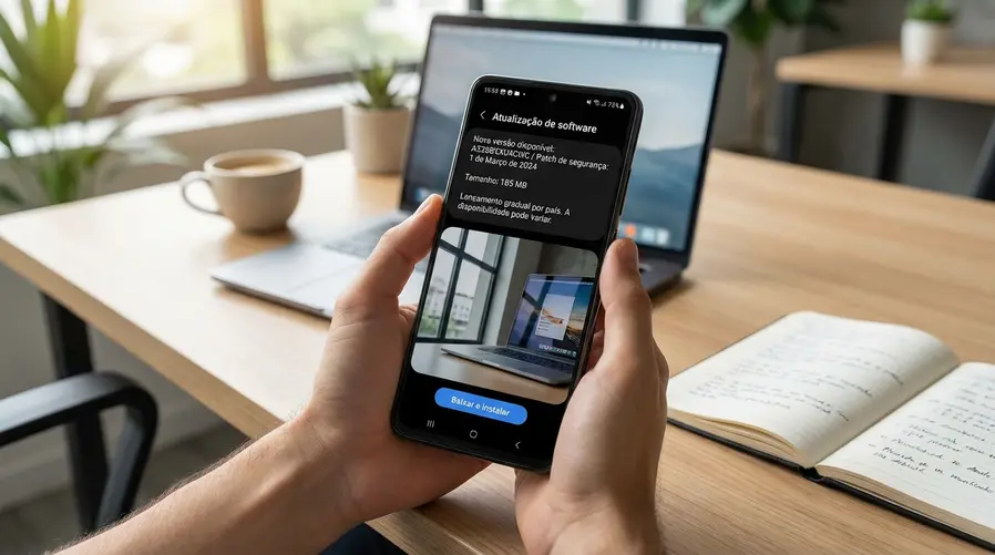 Tela de um Galaxy A53 com a página de atualização de software aberta, mostrando o nome do firmware e a indicação de atualização de segurança disponível, ao lado de um destaque visual discreto para o tamanho do pacote e o fato de ser uma liberação gradual por país.