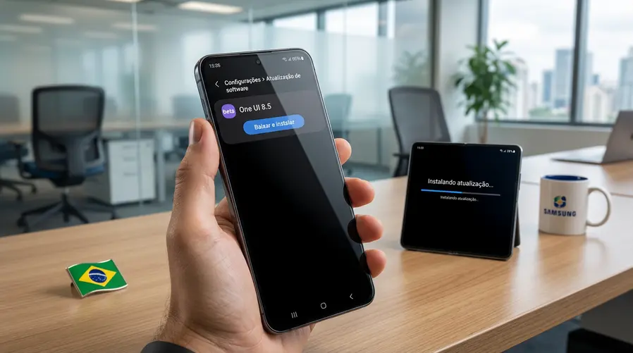 Tela de um celular Samsung abrindo o caminho Configurações > Atualização de software, com destaque para a notificação da beta One UI 8.5 e um segundo plano mostrando um Galaxy S24 ou Galaxy Z Fold 7 recebendo a atualização, para ilustrar quem pode instalar primeiro.