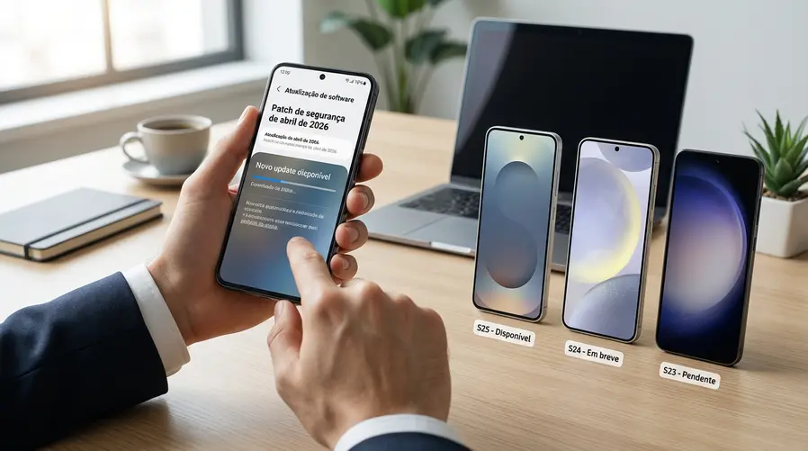 Uma captura de tela de um celular Galaxy mostrando a tela de atualização de software com o aviso de novo patch de segurança, acompanhada de uma composição discreta com três aparelhos lado a lado representando as linhas S25, S24 e S23, para reforçar a diferença de disponibilidade por modelo.