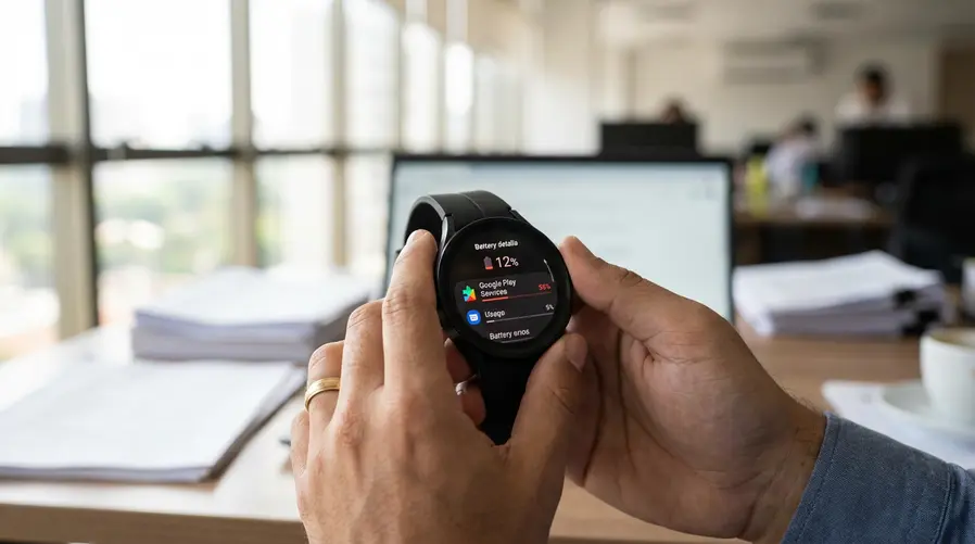 Uma captura de tela do painel de bateria de um Galaxy Watch mostrando o Google Play Services no topo da lista de consumo, com a porcentagem destacada e a bateria já bem abaixo do normal, para ilustrar o suspeito principal da seção.