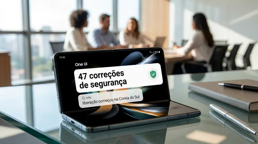 Uma captura de tela ou mockup de um Galaxy Z dobrável exibindo o aviso de atualização de software, com destaque visual para a ideia de '47 correções de segurança' e um pequeno bloco informando que a liberação começou na Coreia do Sul.