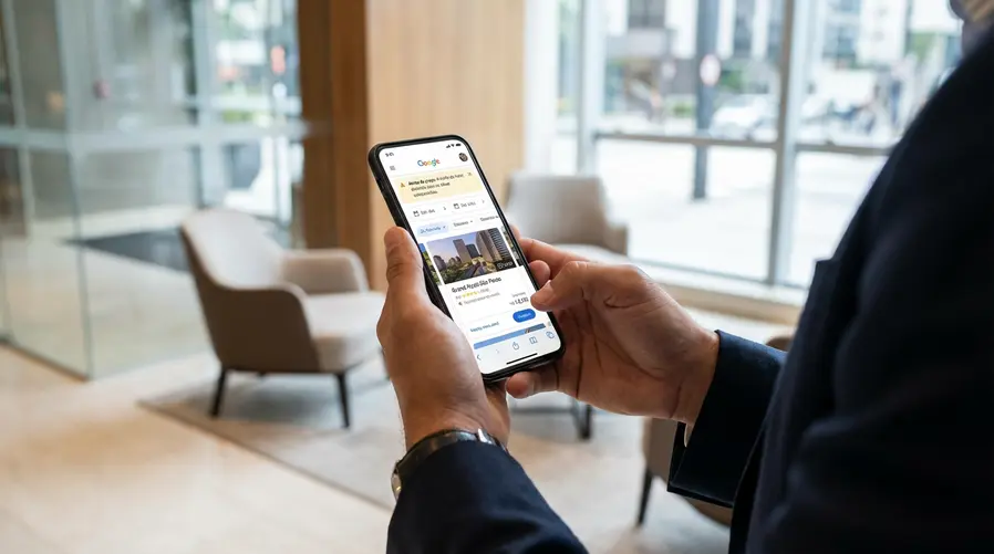 Uma tela de celular mostrando uma busca de hotel no Google com um cartão de hotel específico destacado e um alerta de queda de preço visível, como se o usuário tivesse ativado o monitoramento para datas de viagem.