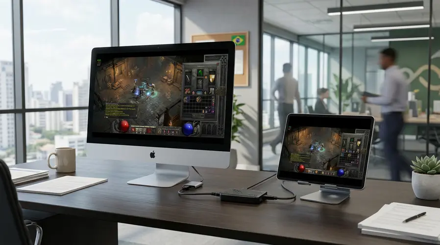 Uma mesa realista com um iMac antigo ligado exibindo a tela de um console via captura 4K, ao lado de uma placa de captura pequena, um cabo HDMI e um iPad USB-C mostrando a mesma imagem; a imagem deve evidenciar o caminho do sinal entre console, acessório e tela reaproveitada.