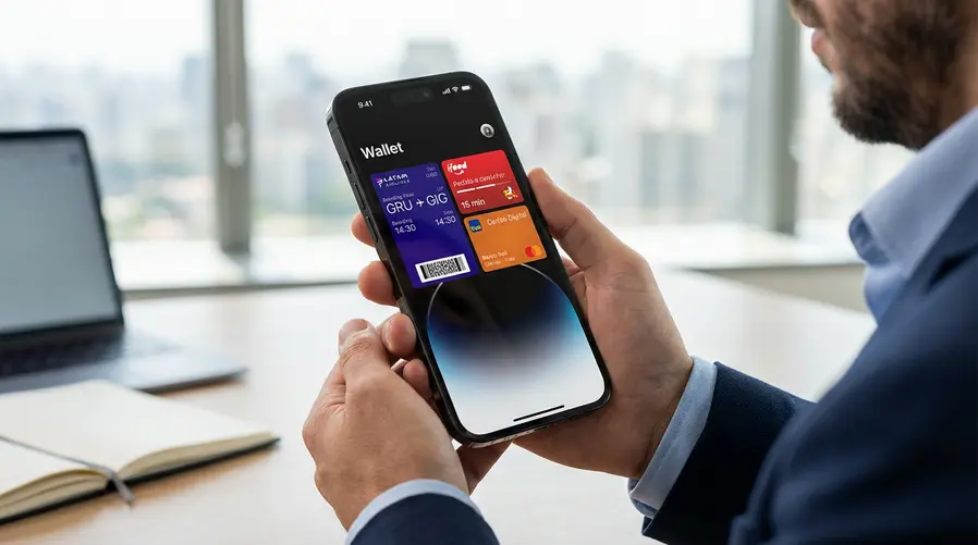 Uma tela de iPhone com a Apple Wallet aberta exibindo, de forma clara, cartões de embarque, um pedido em entrega e um cartão digital lado a lado, destacando a ideia de organização e acesso rápido a informações do dia a dia.