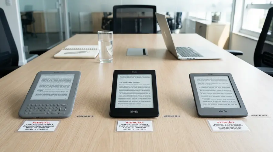Uma composição com três Kindles antigos lado a lado, mostrando telas de leitura já carregadas, junto de um aviso visual de bloqueio/desligamento e uma pequena etiqueta com anos de lançamento para reforçar quais gerações estão na lista de corte de suporte.