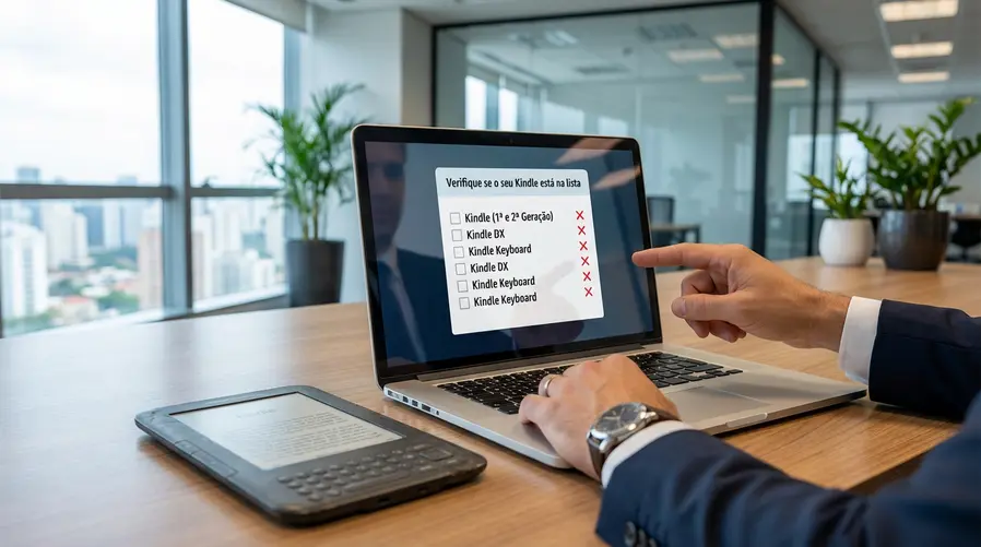 Uma imagem mostrando um Kindle antigo da linha Paperwhite ou Keyboard ao lado de uma tela com a lista de modelos afetados, destacando visualmente a ideia de "verifique se o seu está na lista".