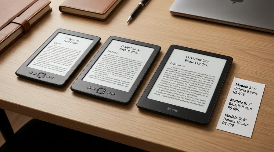 Um comparativo visual de três e-readers lado a lado sobre uma mesa, com as telas mostrando páginas de um livro, botões ou bordas diferentes, e ao lado deles itens de comparação como duração de bateria, tamanho da tela e preço em reais em uma etiqueta discreta.