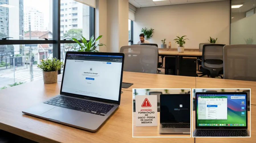Uma tela de Mac mostrando a etapa de inclusão no Apple Business Manager ao lado de um visual comparativo simples: de um lado, um ícone de formatação com aviso de perda de dados; do outro, um Mac já em uso sendo adicionado sem apagar arquivos, para evidenciar a vantagem prática da seção.