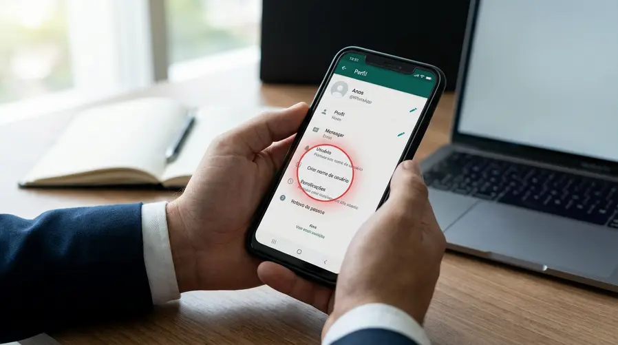 Tela de um iPhone ou celular Android aberta nas configurações do WhatsApp, mostrando a área de perfil com a nova opção de criar nome de usuário visível, destacada por um círculo ou seta, para ilustrar exatamente onde o recurso aparece para quem já recebeu a liberação.
