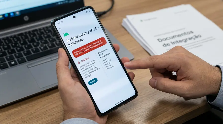 Uma captura de tela de um Pixel mostrando a página de instalação do Android Canary 2604 com destaque para avisos de risco, indicação de build experimental e a lista de aparelhos compatíveis ao lado, para reforçar que a seção trata de cautela antes de instalar.