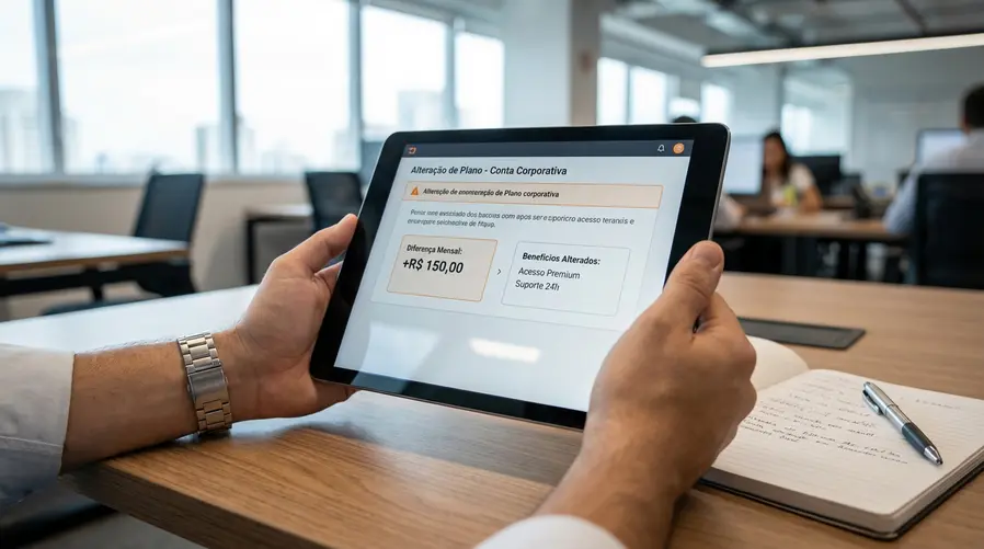 Uma tela de app ou área do cliente mostrando um aviso de mudança de plano, com destaque para a diferença de preço mensal e para a linha de ‘benefícios alterados’ lado a lado, sem mostrar marca promovida em evidência.